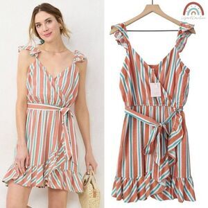New! Lauren Conrad Faux Wrap Bohemian Stripes Ruffle Hem Mini Dress